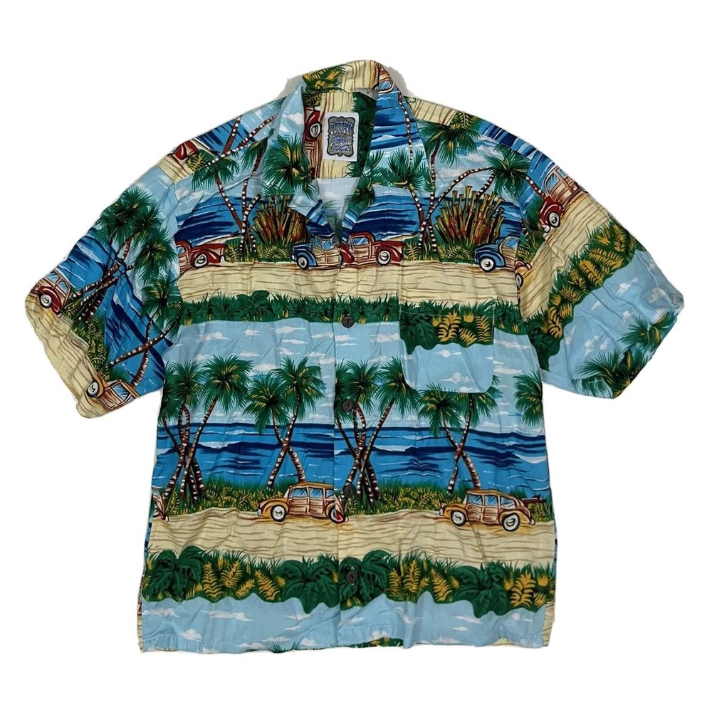 VTG Ocean Current Hawaiian Shirt Mens S Rayon Surf Palm Trees Woodie Wagons XS